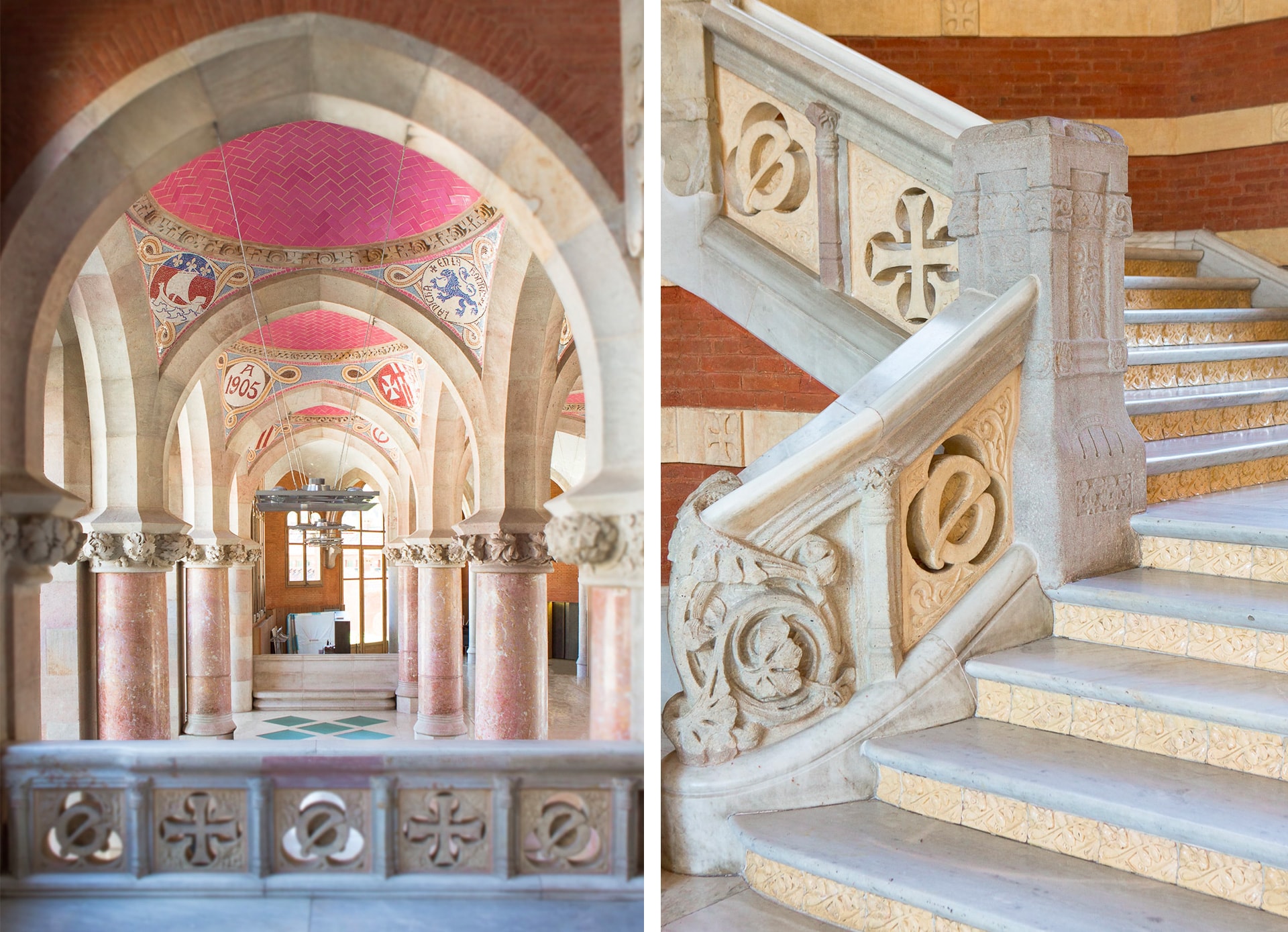 Voutes catalanes et escalier du pavillon adlinistratif de l'Hospital Sant Pau à Barcelone